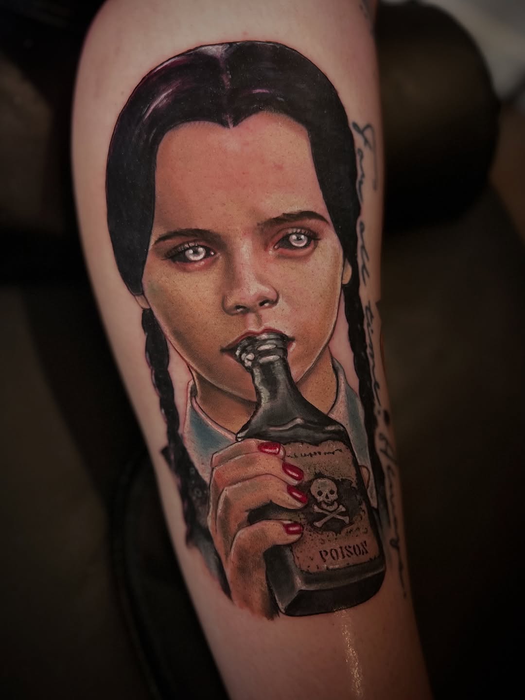 Hyper-detailed portrait of a braided woman with poison bottle.