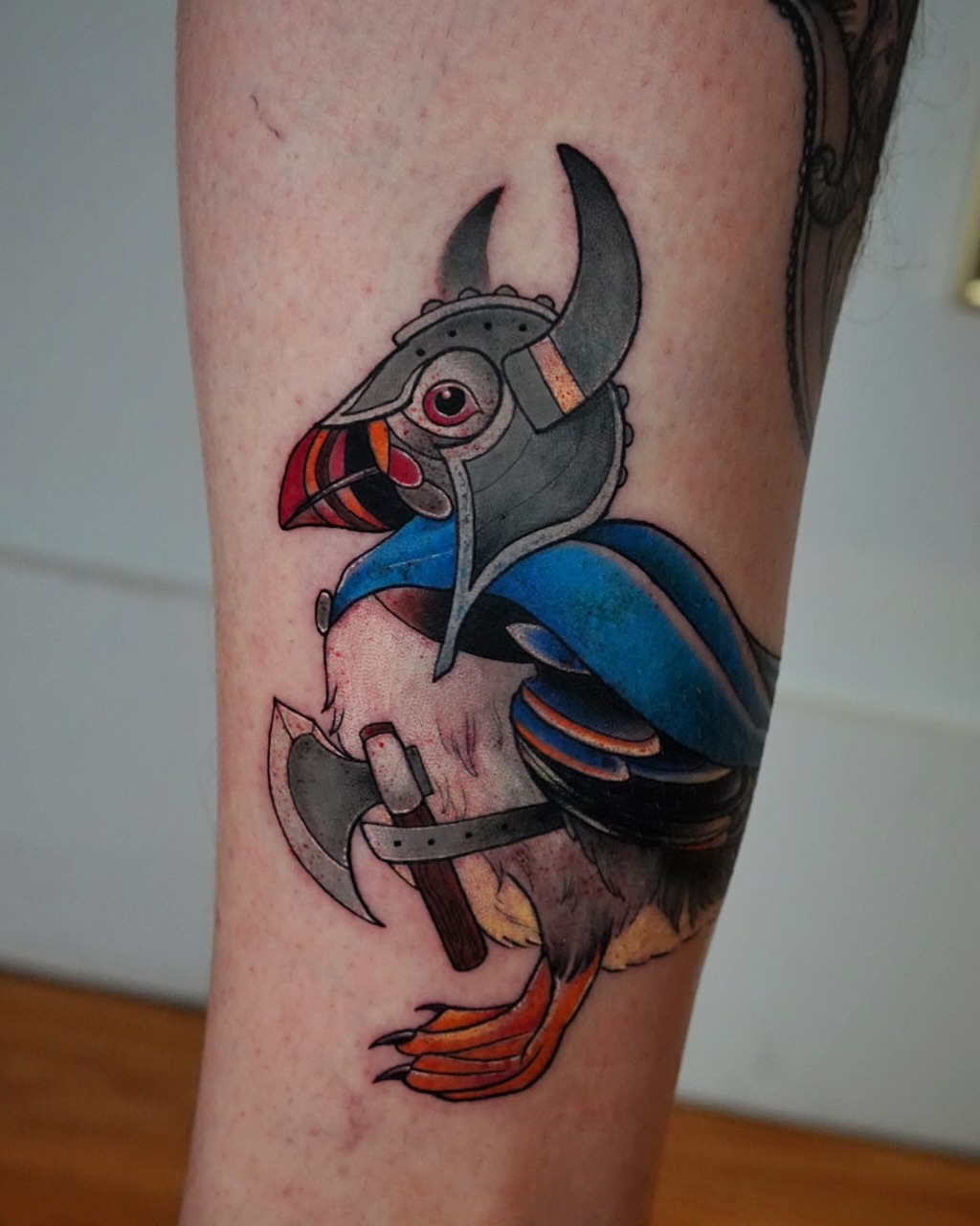 Cartoon parrot in knight armor with ax, bold colors