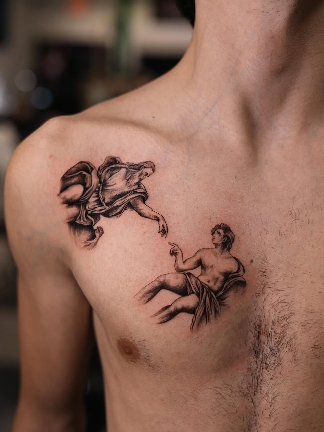 Neo-classical Adam and God in fine-line shading