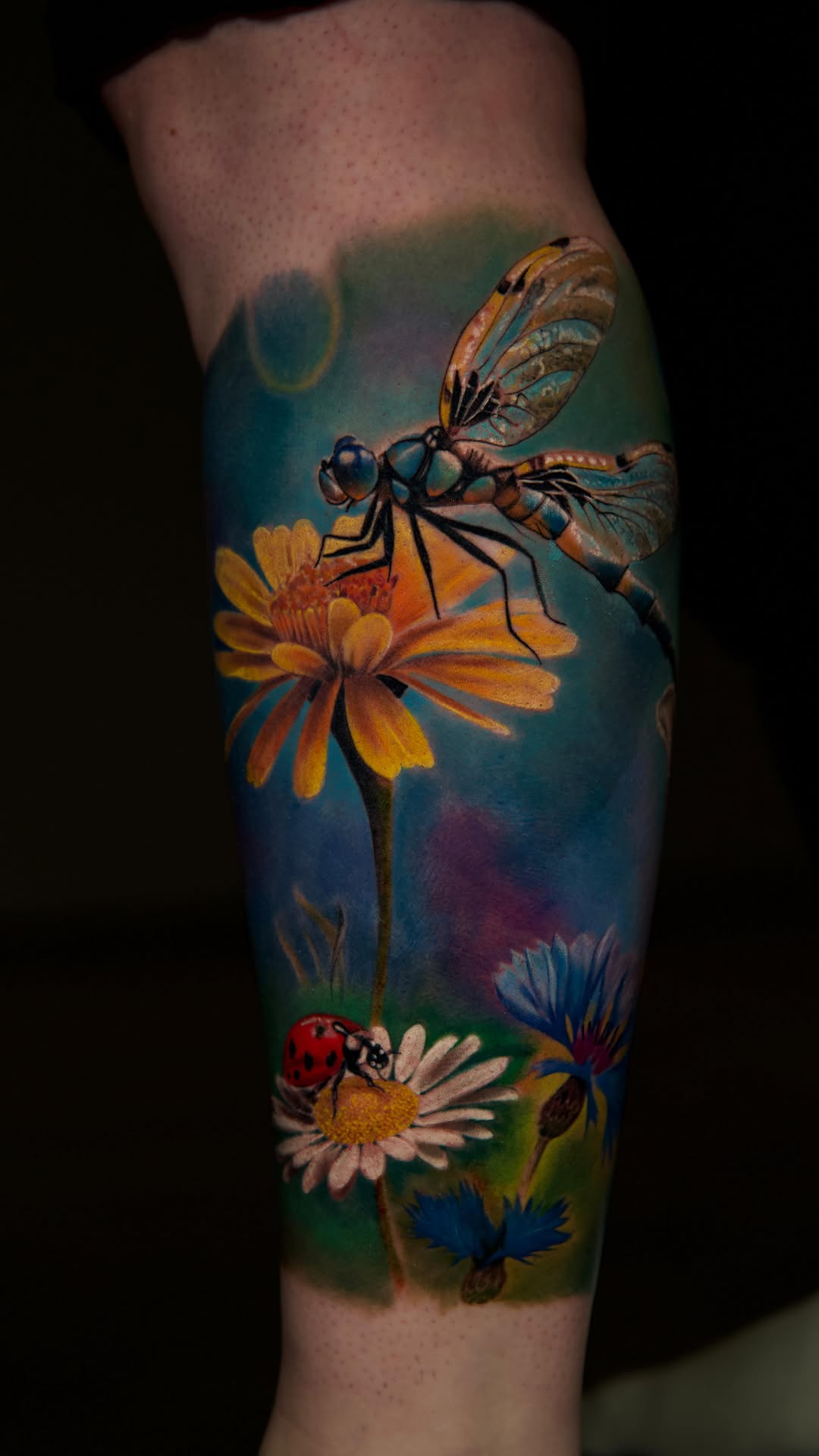 Vibrant watercolor dragonfly over bright daisies and a ladybug
