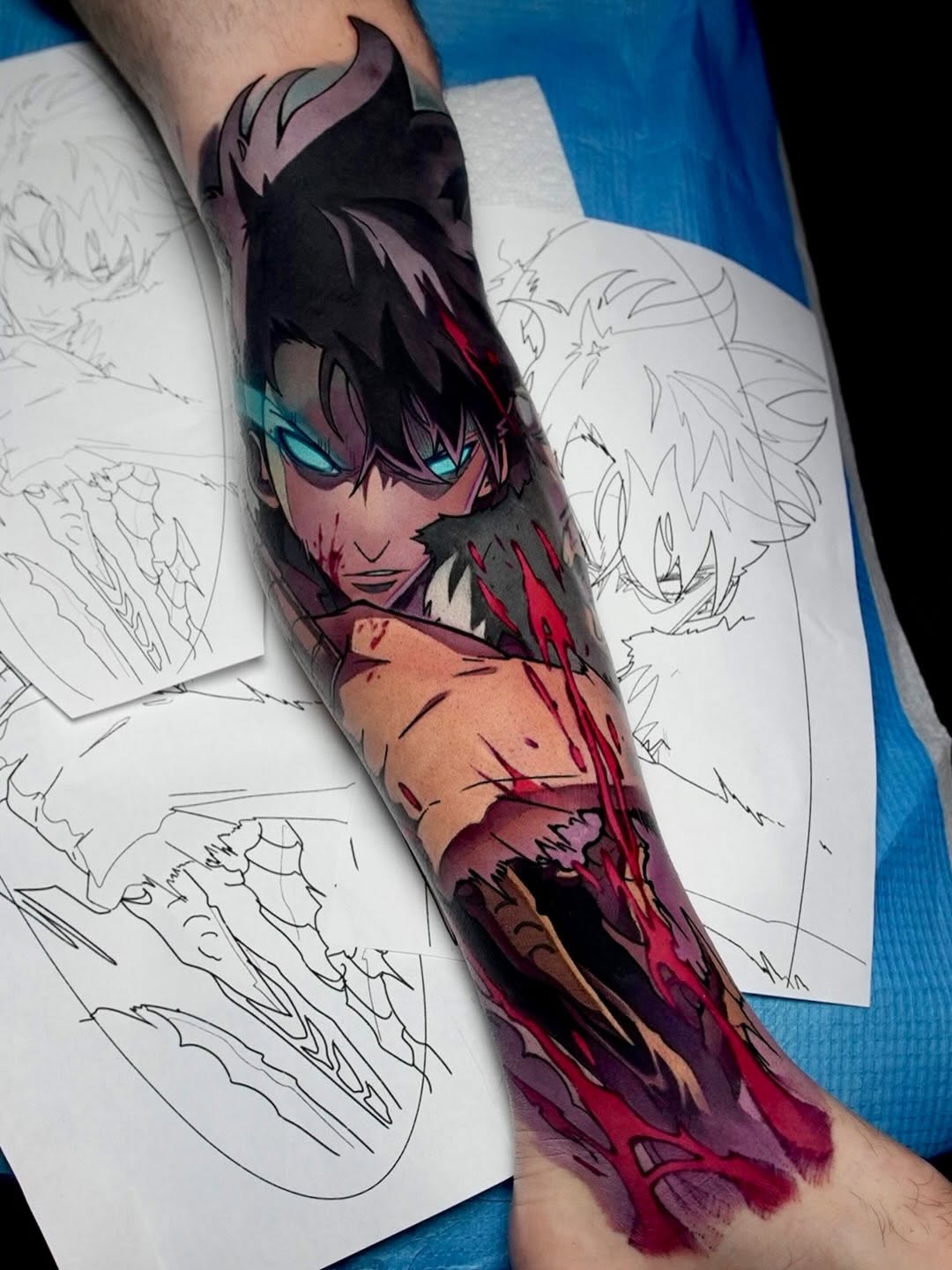 Vibrant anime-inspired leg sleeve with blue-eyed warrior