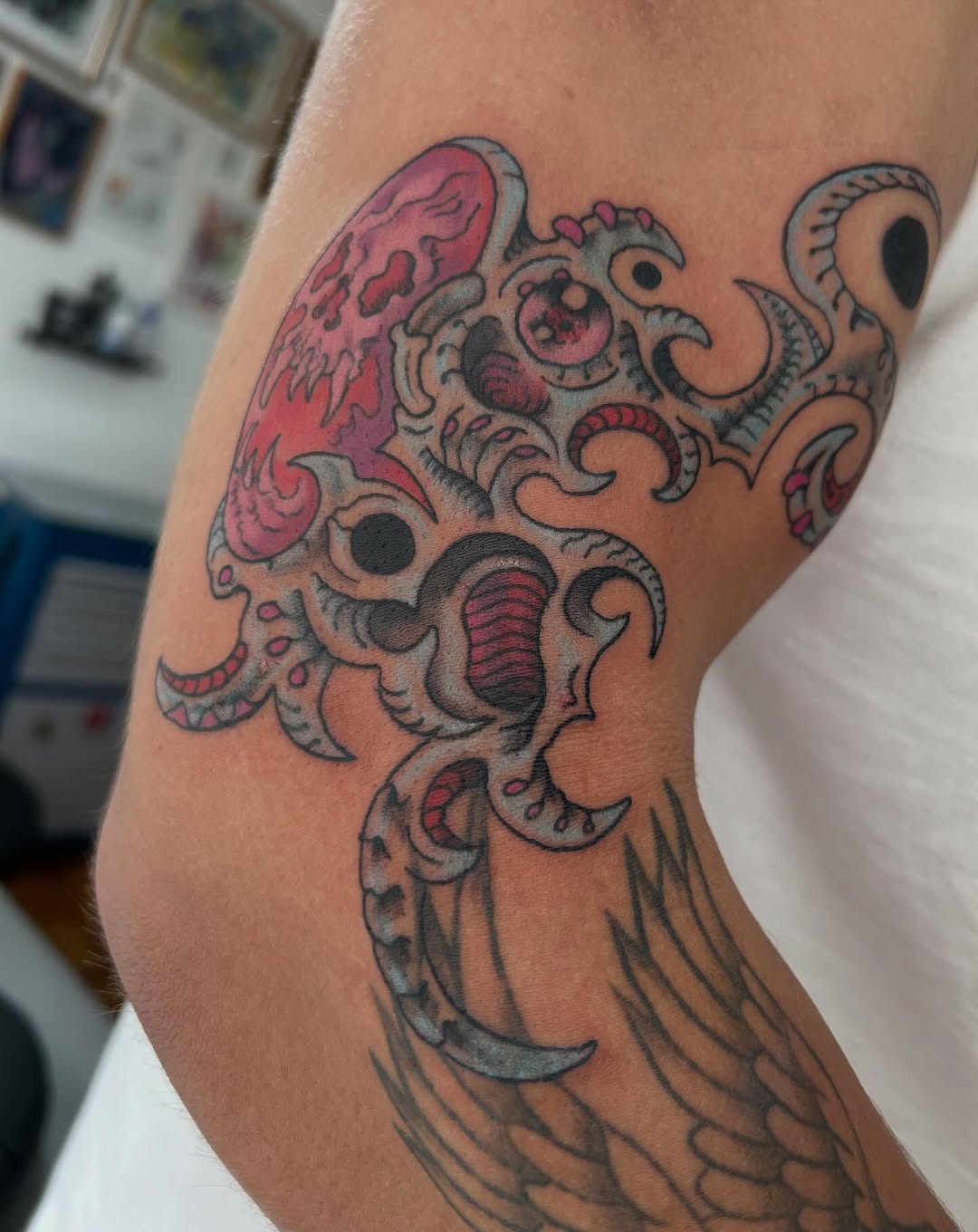 Bold biomechanical octopus-creature with twisting tentacles