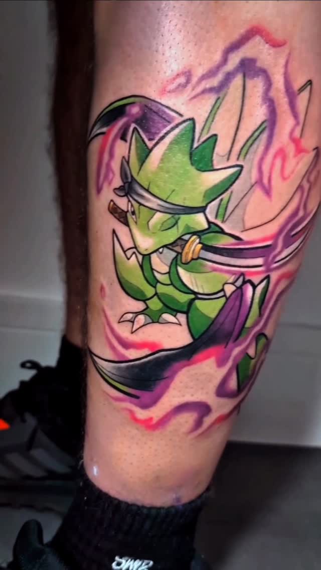 Vibrant neon-green Scyther in bold neo-traditional style