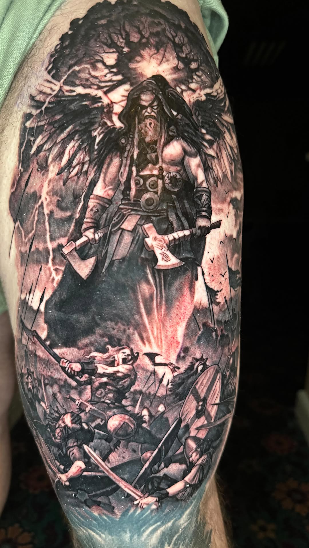 Epic black-and-gray Norse winged warrior in battle