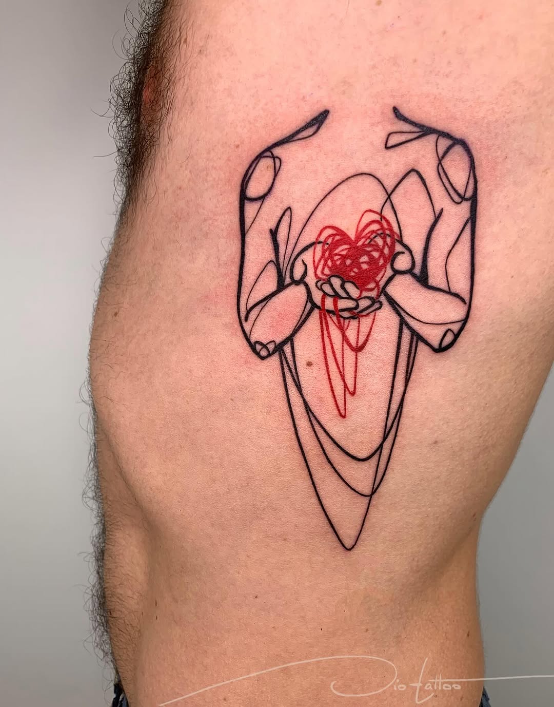 Abstract linework heart cradled by hands, melting crimson core.