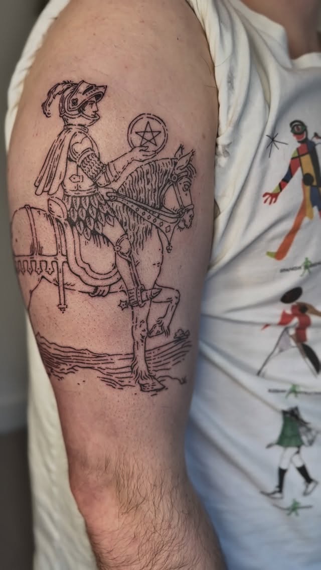 Tarot-inspired engraving: knight on horseback with pentacle, bold linework