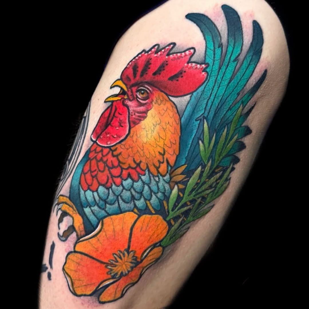 Vibrant neo-traditional rooster with bold lines and floral accent