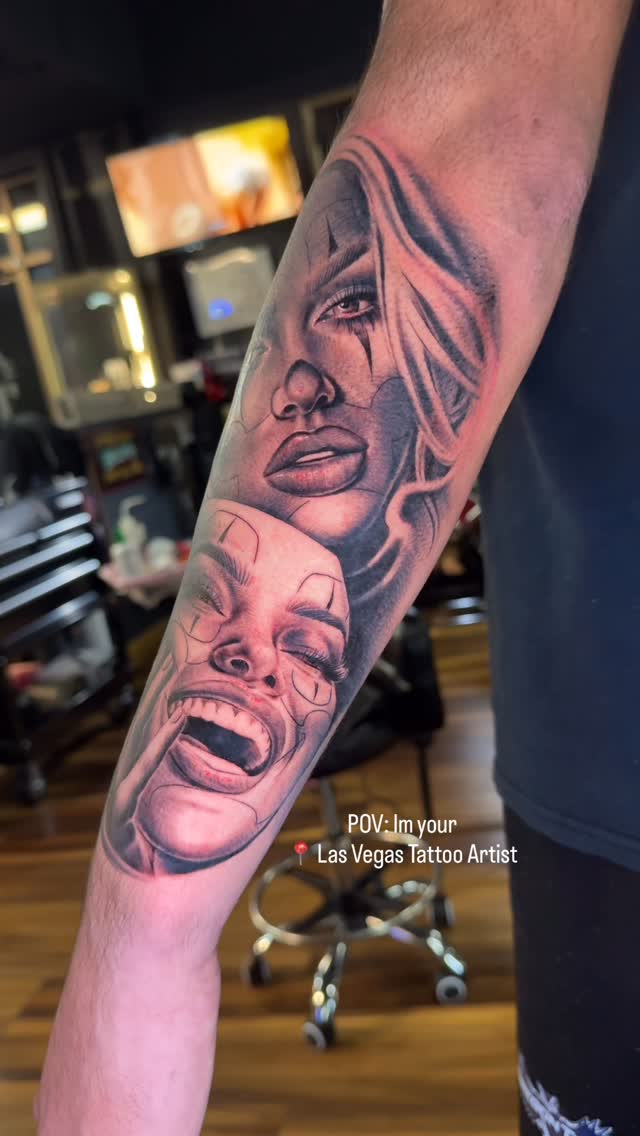 Dramatic black-and-gray dual-portrait with soft shading