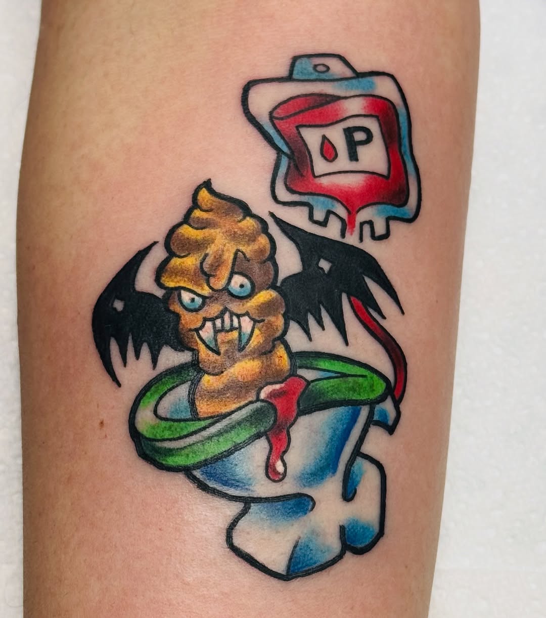 Whimsical neon poop demon in a dripping bucket