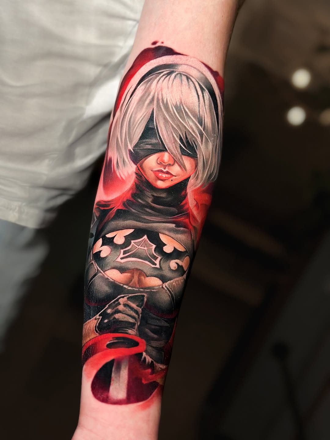 Anime-inspired blindfolded female portrait with grayscale shading and red accents