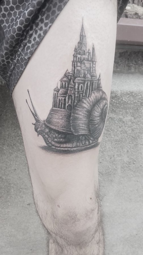 Intricate snail with towering castle on its shell.