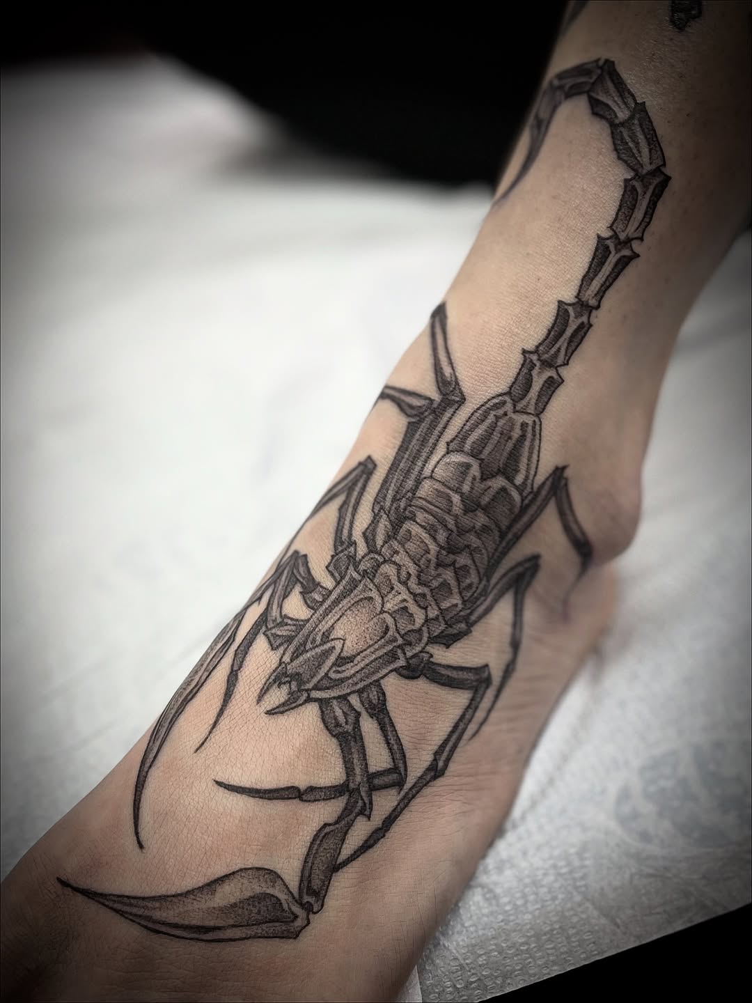 Intricate black-ink scorpion spanning ankle to foot, bold linework
