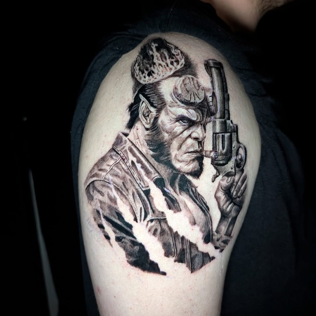 Monochrome Hellboy portrait with gun, bold gritty realism