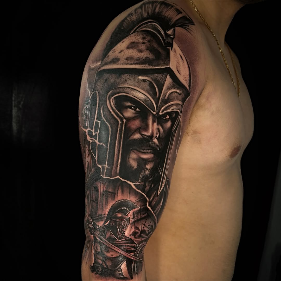 Dramatic black-and-gray warrior portrait with imposing helmet