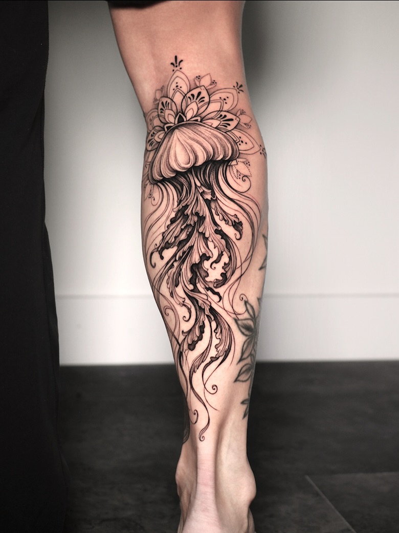 Intricate jellyfish with sweeping tentacles and floral crown