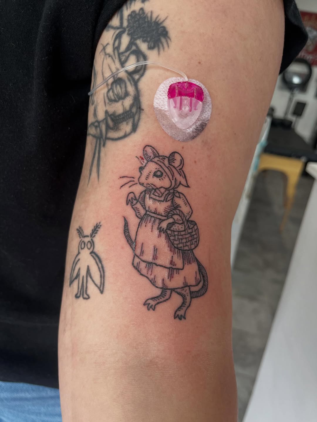 Whimsical mouse in dress with basket, companion nearby