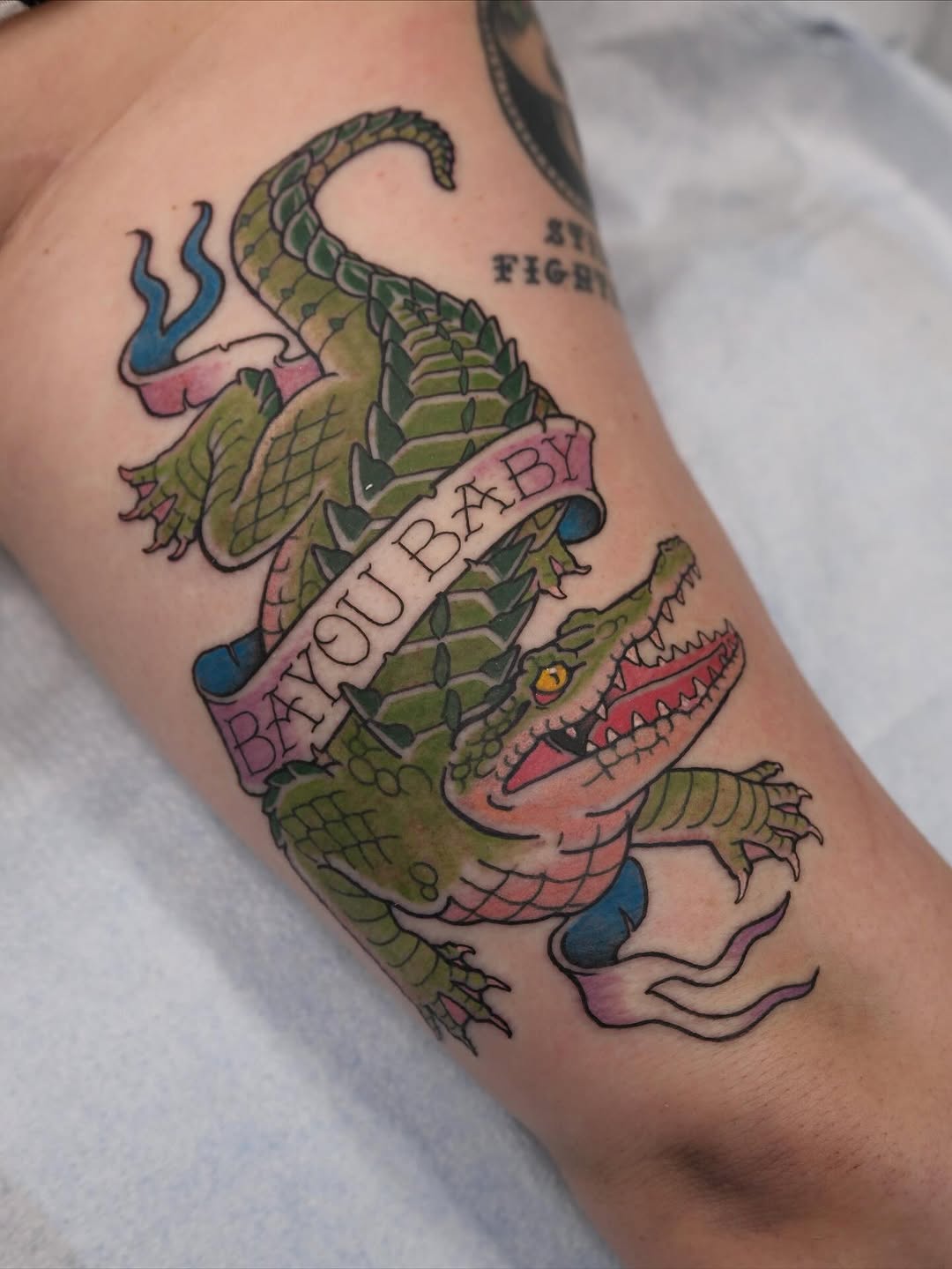 Vibrant neo-traditional alligator with curved banner lettering