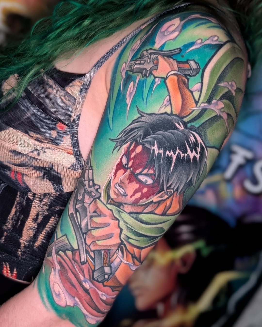 Vibrant anime-style Levi Ackerman sleeve with bold colors