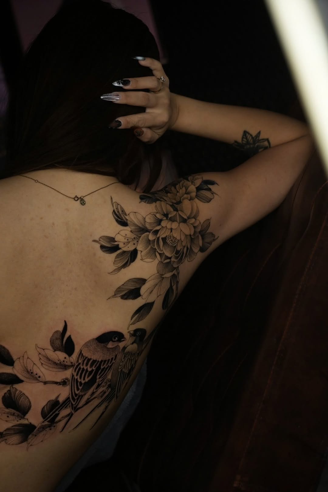 Delicate black-and-gray peonies back piece with birds