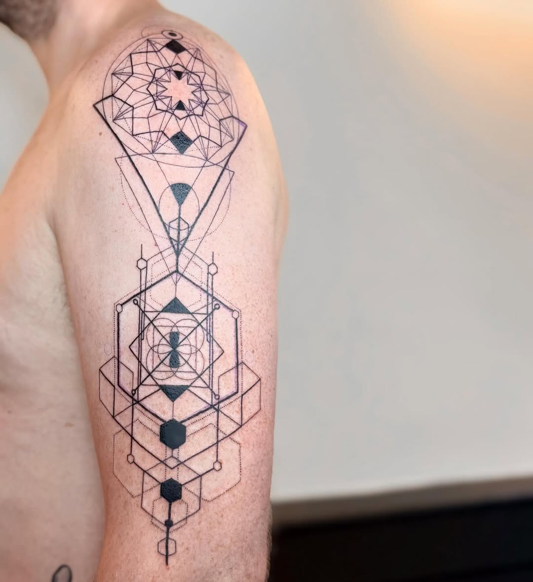 Intricate geometric mandala and latticework along forearm