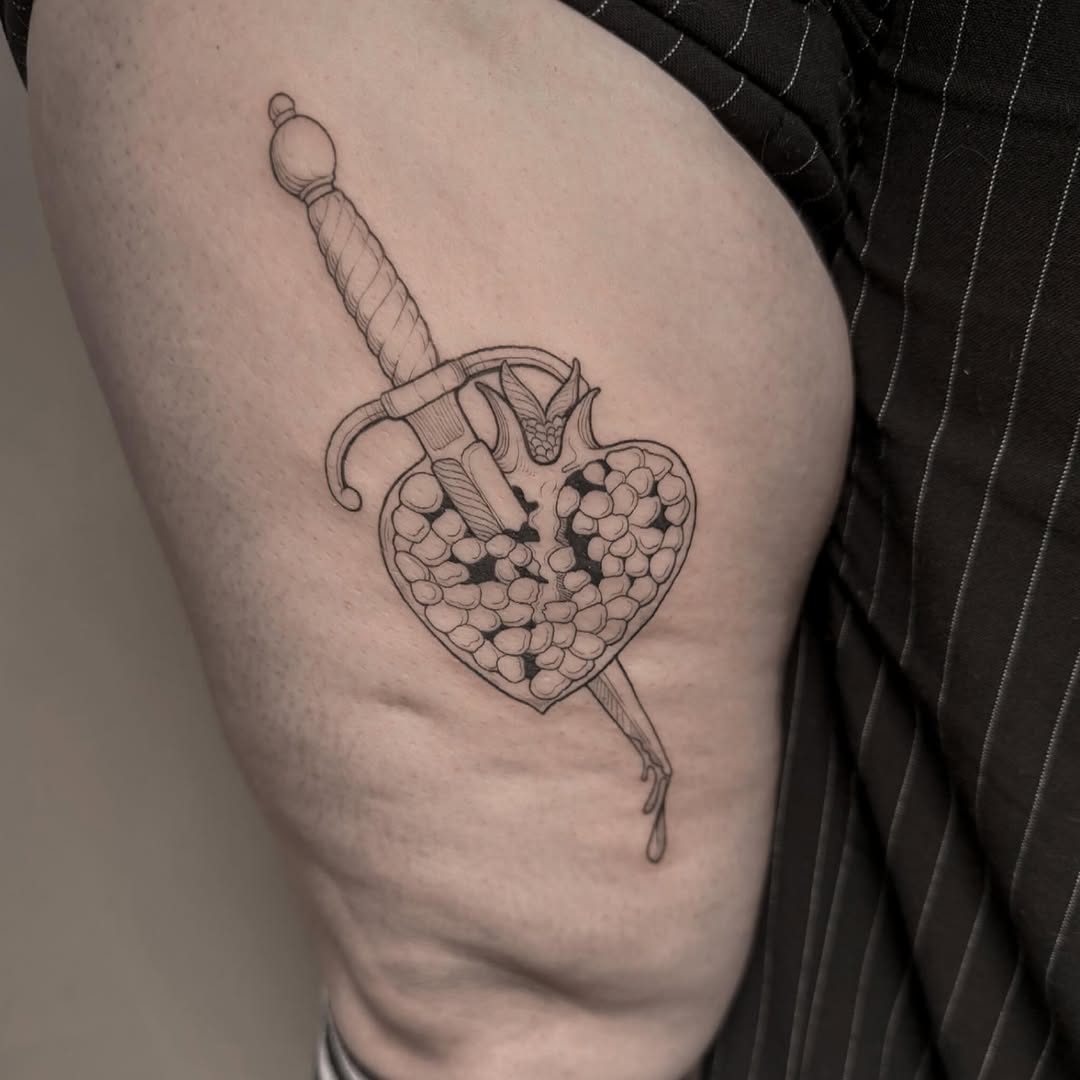 Medieval woodcut-inspired dagger piercing heart with seeds