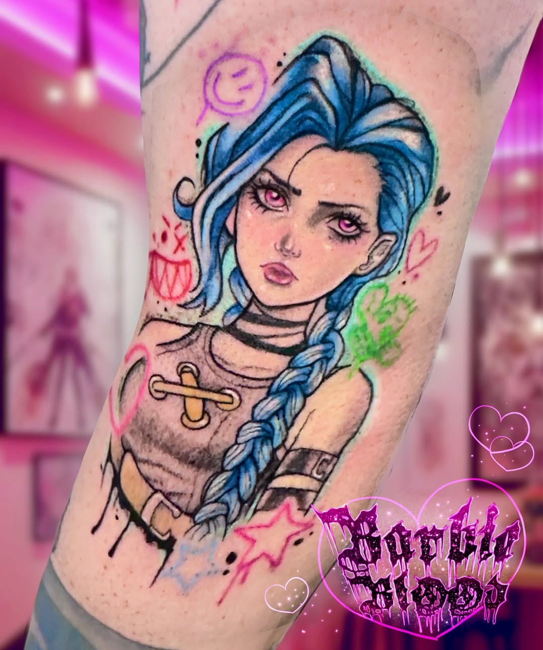 Vibrant Jinx portrait with neon blue hair and graffiti flair