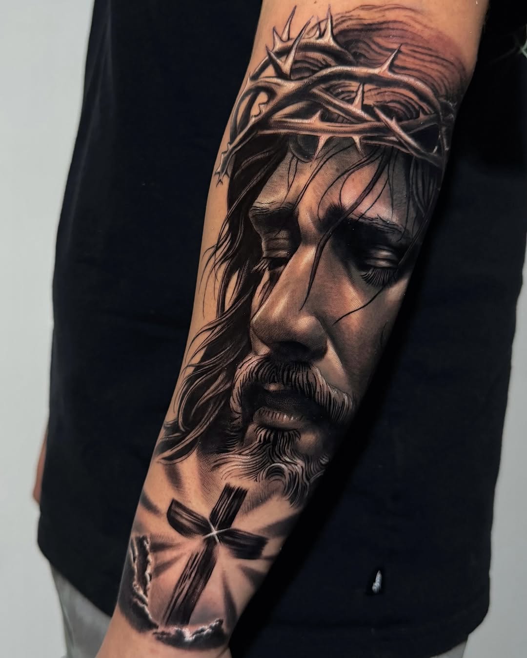 Hyper-realistic grayscale portrait of Jesus with crown of thorns