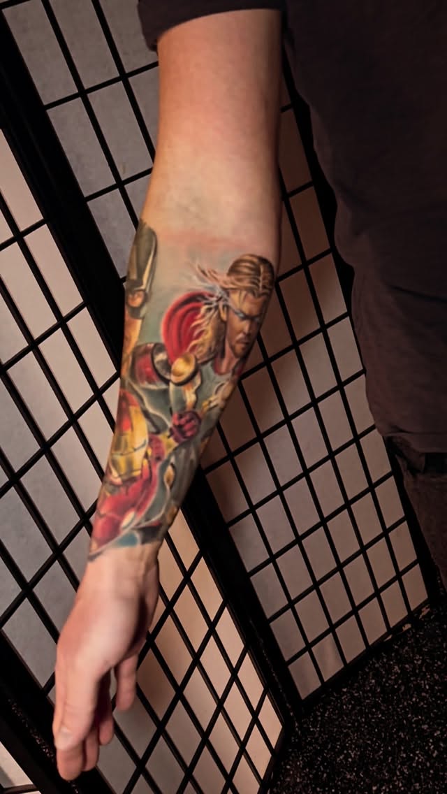 Vibrant Marvel-inspired hero sleeve with bold colors