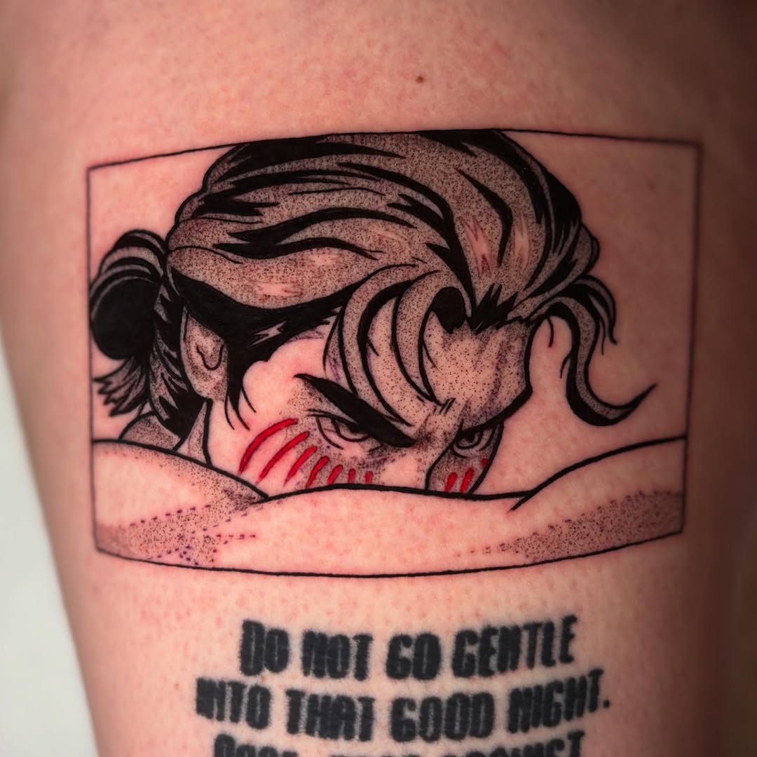 Eren Yeager-inspired panel tattoo with bold linework and stippling