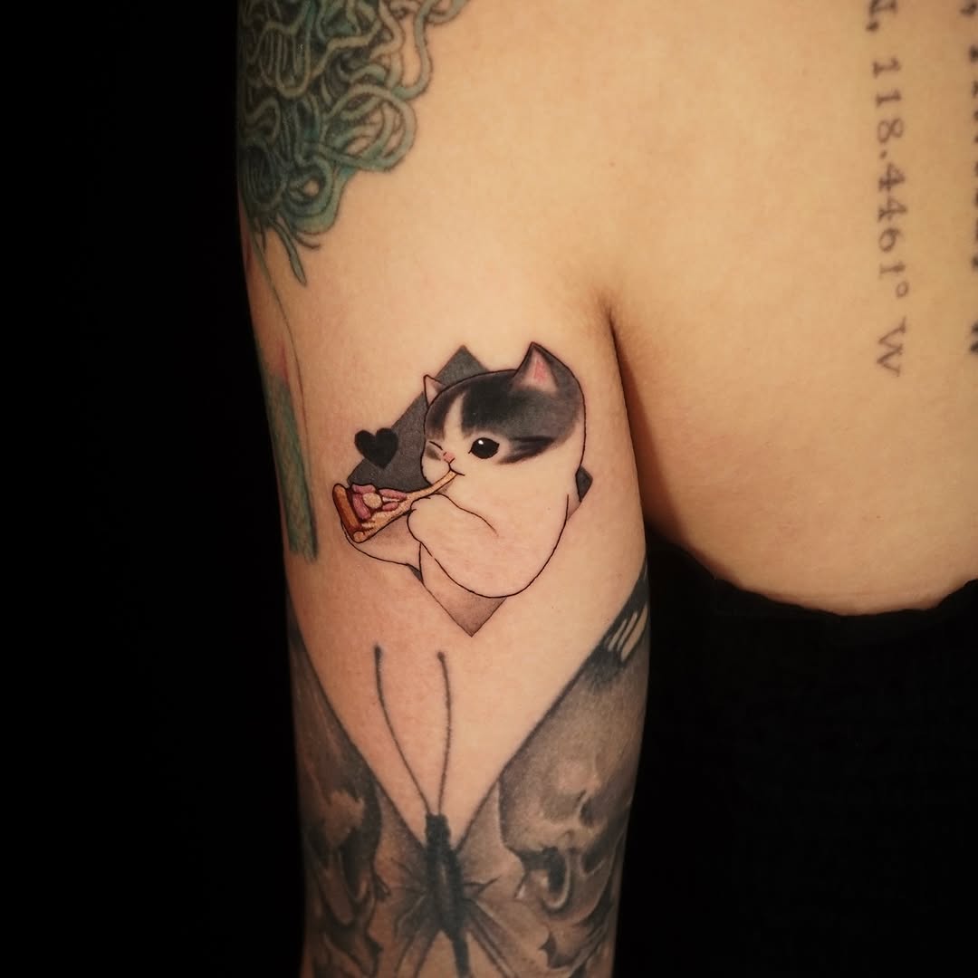 Adorable chibi cat with cheese-pull pizza bite