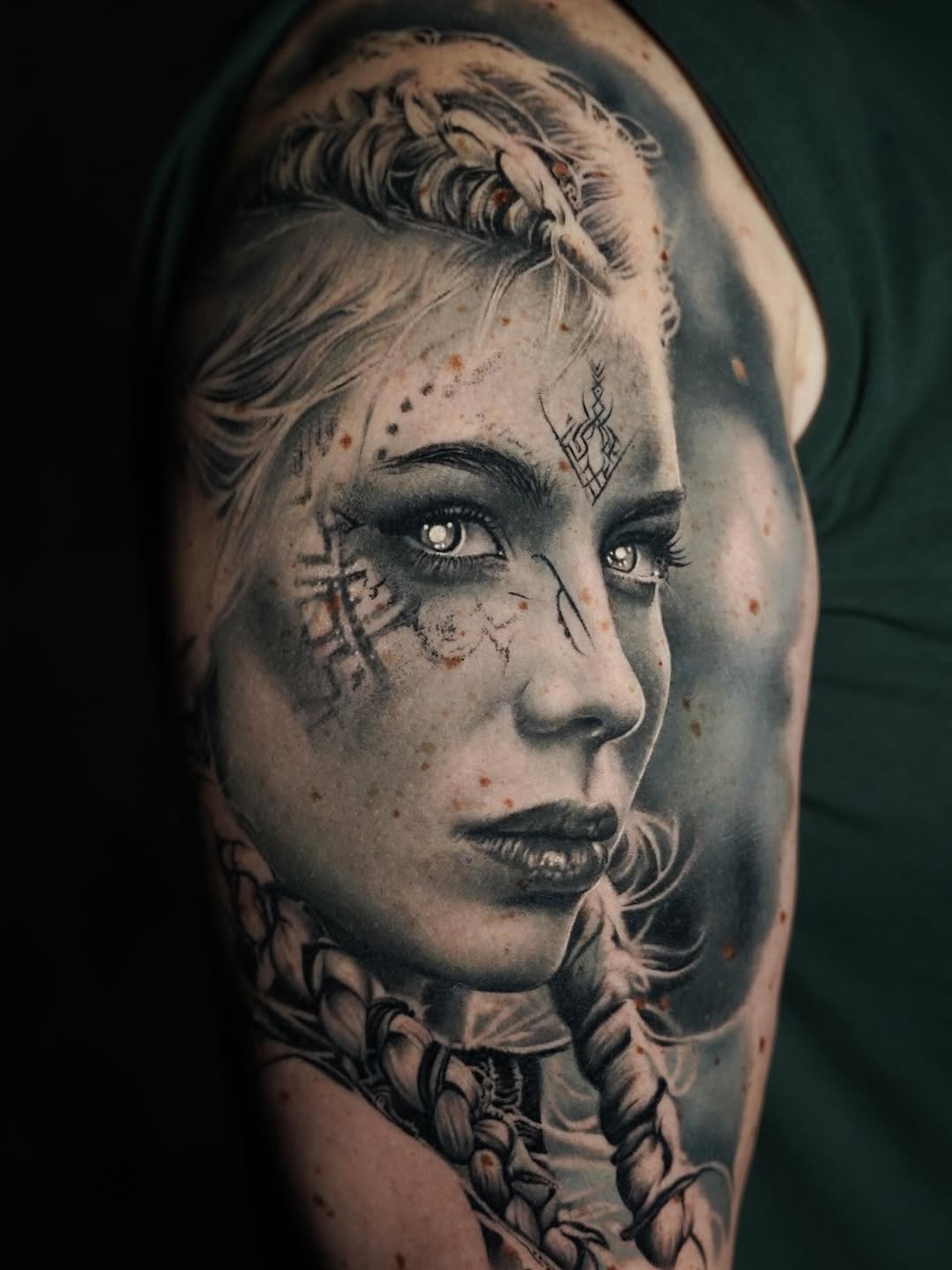 Hyperrealistic grayscale portrait of braided Viking shieldmaiden