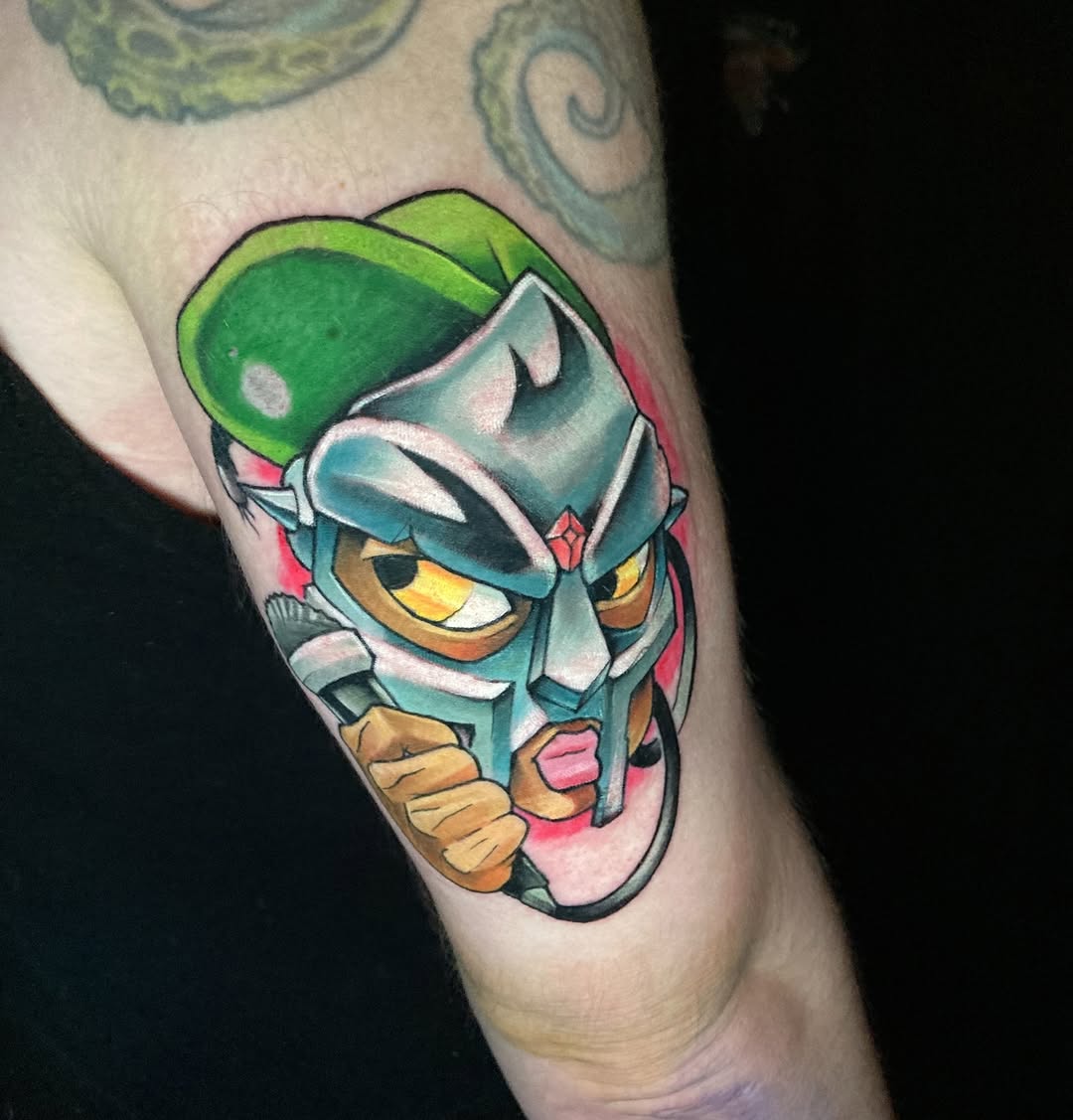 Bold illustrated masked figure with angular blue armor