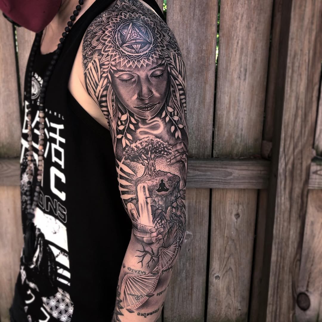 Intricate black-and-gray goddess sleeve with mandala headdress and tree of life
