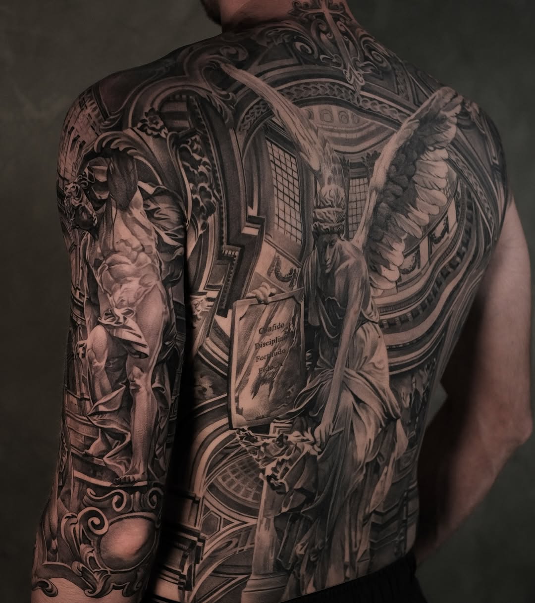 Monumental grayscale back piece with classical statues and architecture