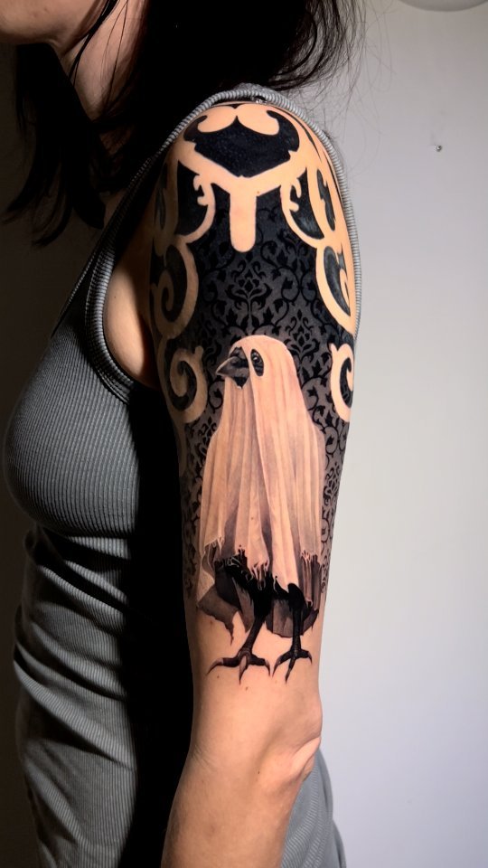 Gothic damask sleeve with pale ghost crow