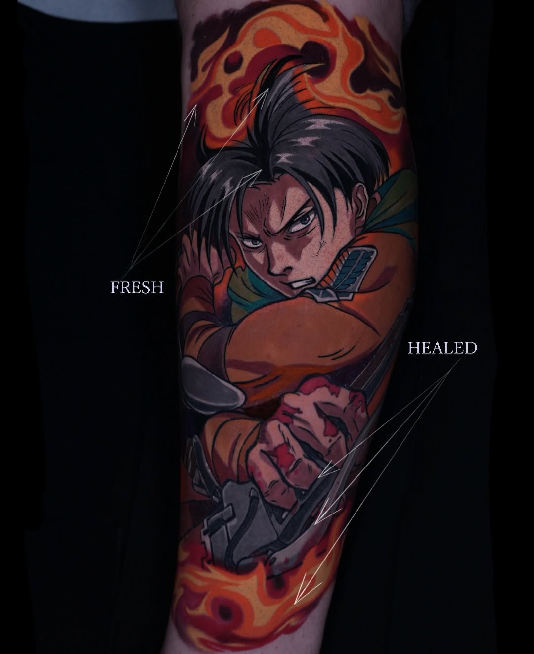 Vivid anime-inspired fighter portrait with blazing flames