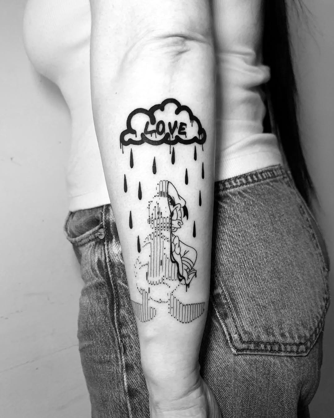 Bold cloud-shaped LOVE inscription, rain-drops over abstract figure