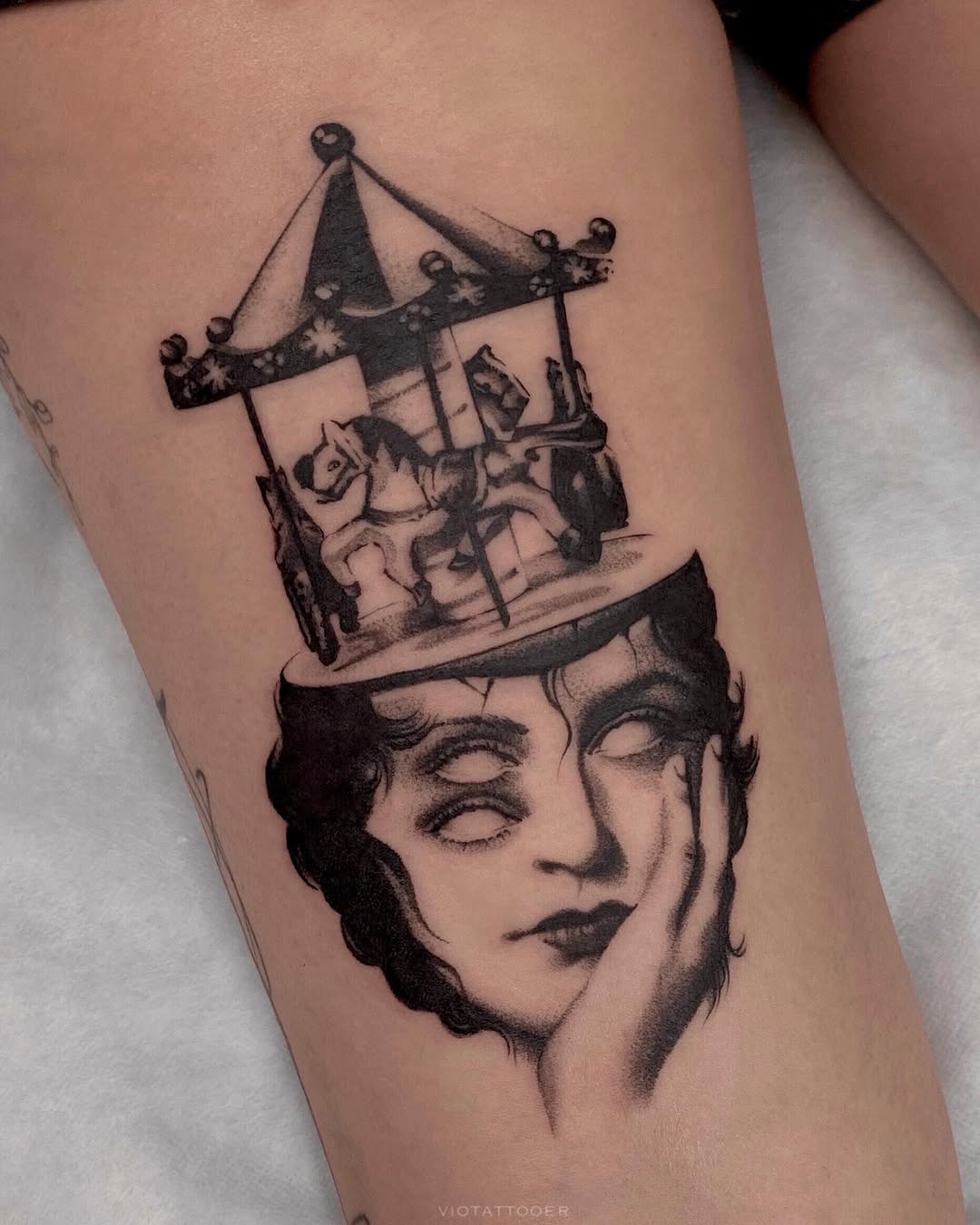 Moody blackwork portrait with surreal carousel crown