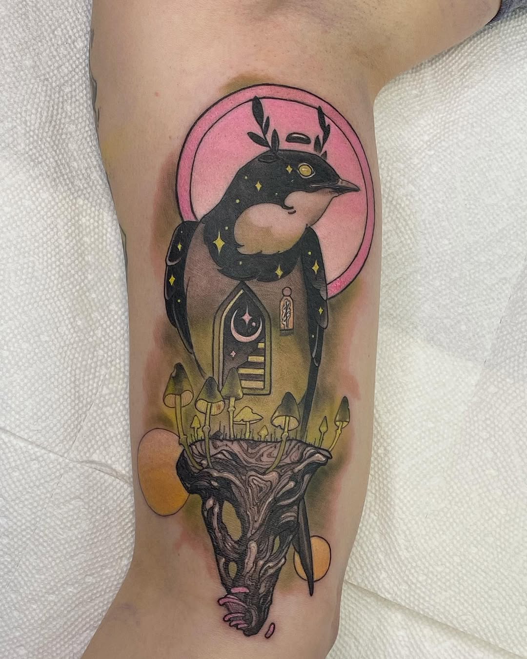 Whimsical crow perched on a mushroom throne, dreamlike