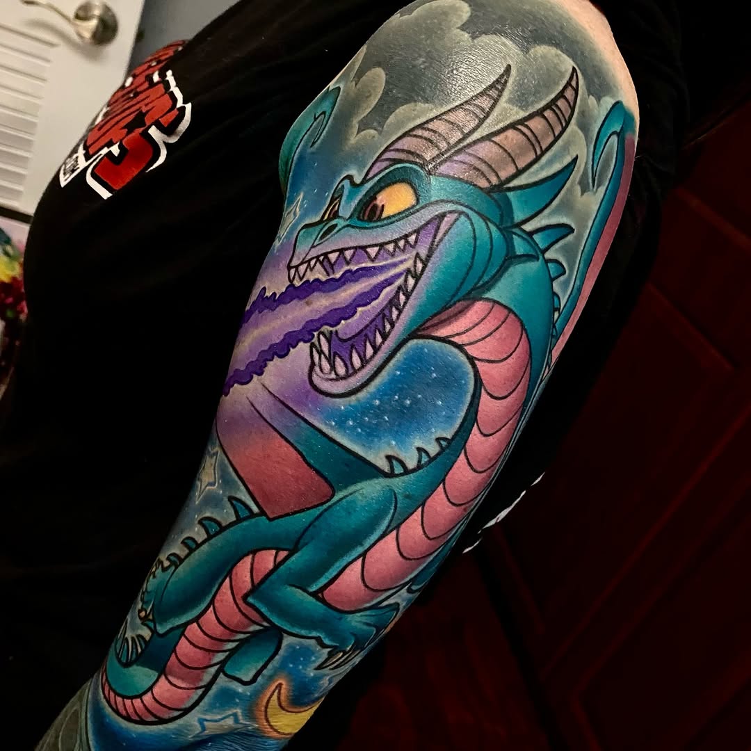 Energetic blue dragon with pink underbelly in cosmic background
