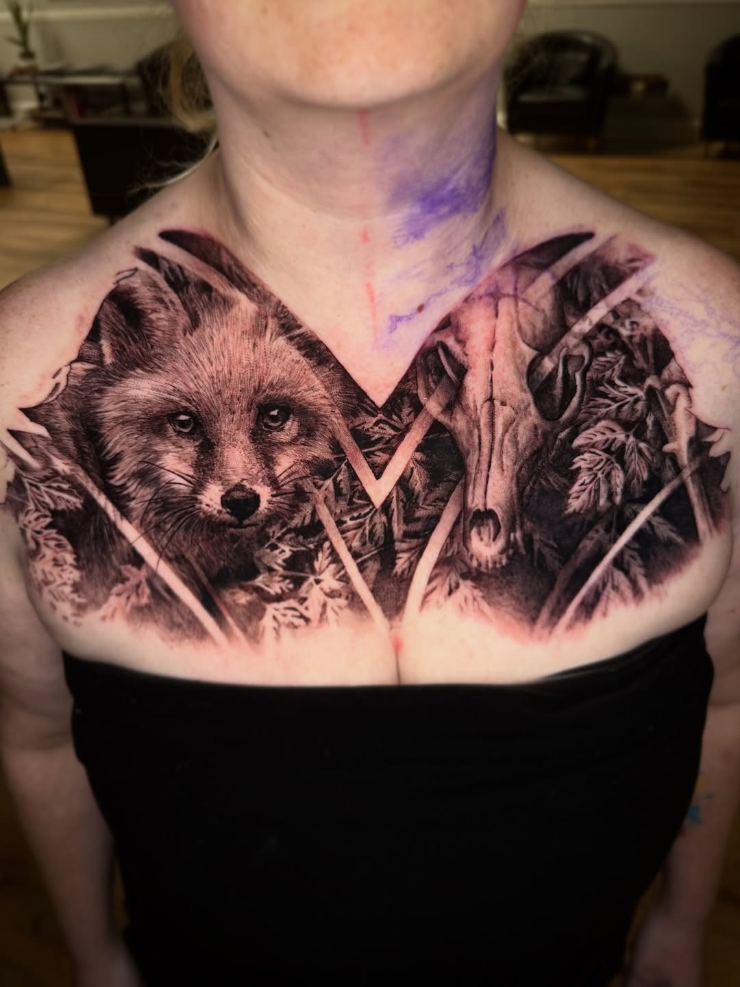 Hyper-detailed black-and-gray wolf amid geometric forest forms