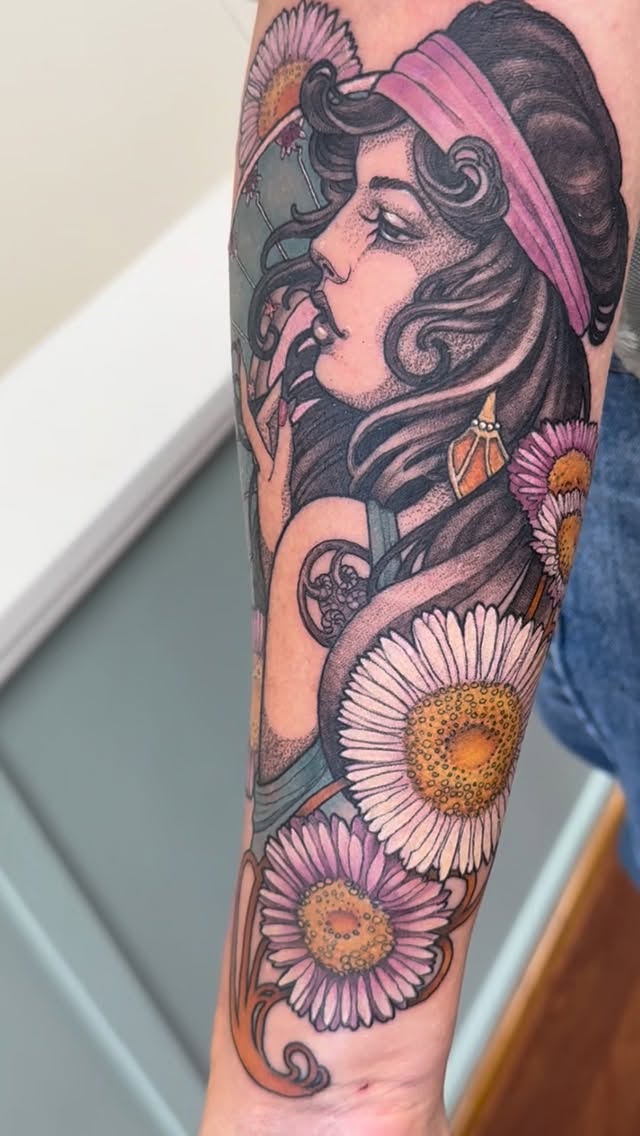 Art nouveau female profile with pink headband and daisies