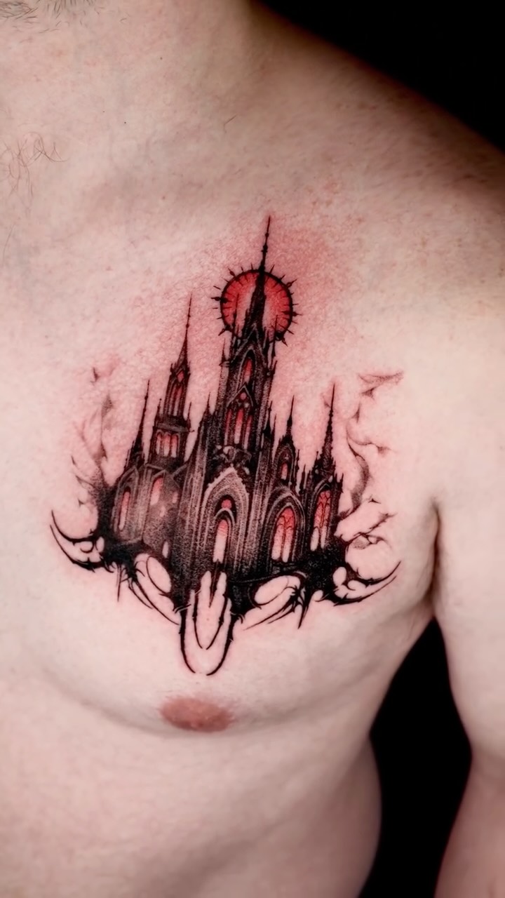 Gothic cathedral silhouette with bold black shading and red halo