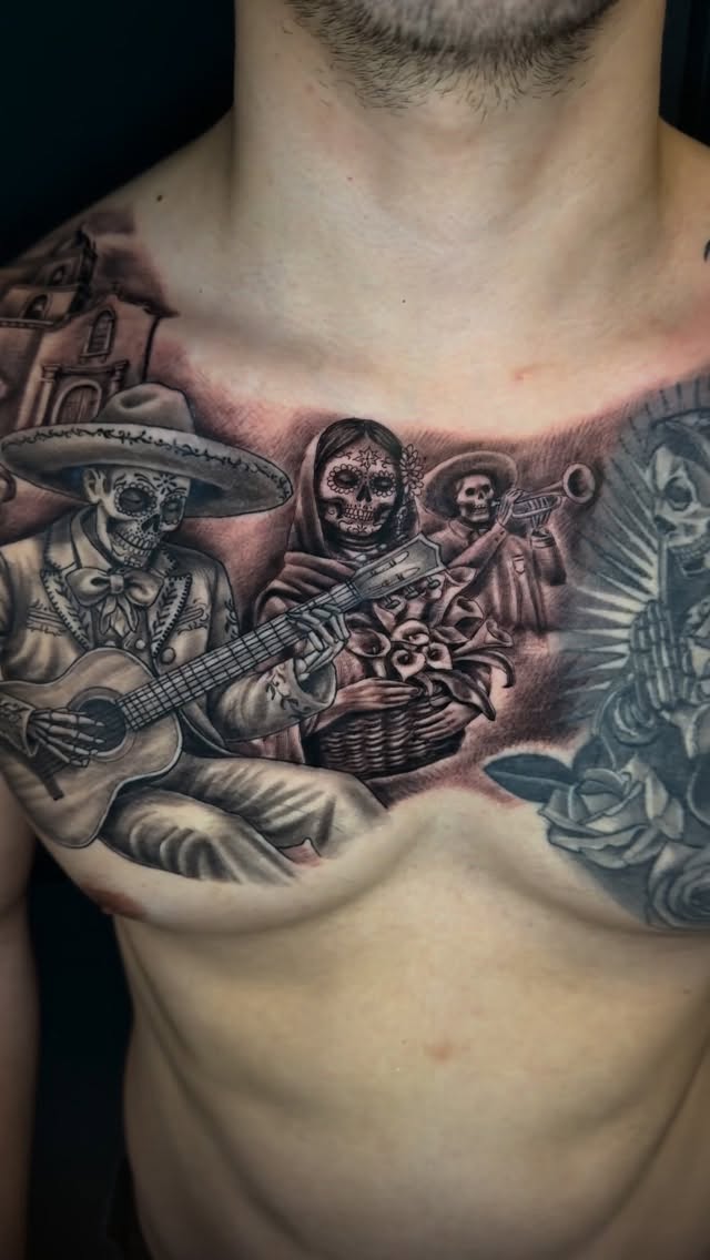 Day of the Dead skeletal mariachi across the chest