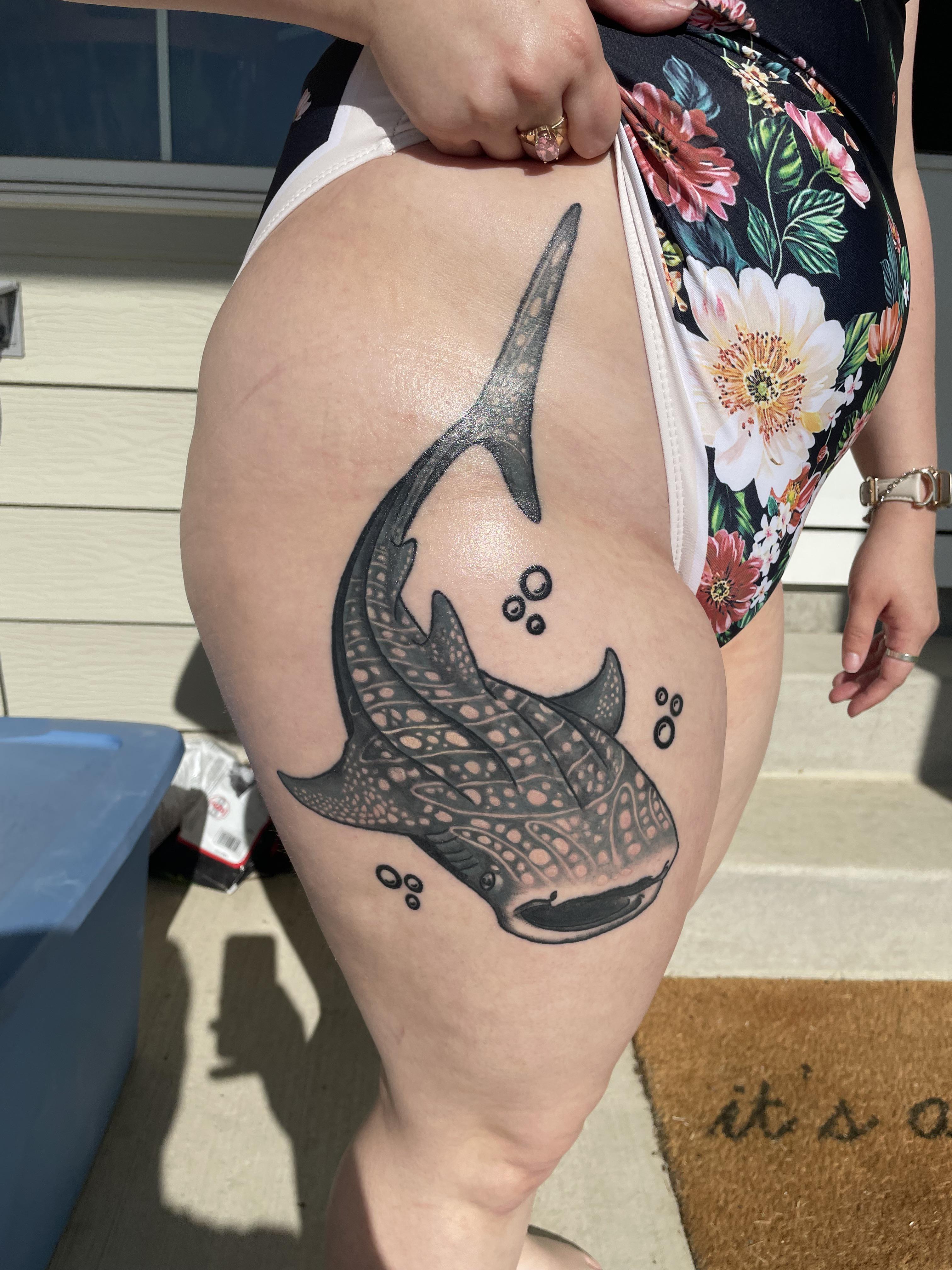 Bold blackwork whale shark with dotwork shading and bubbles