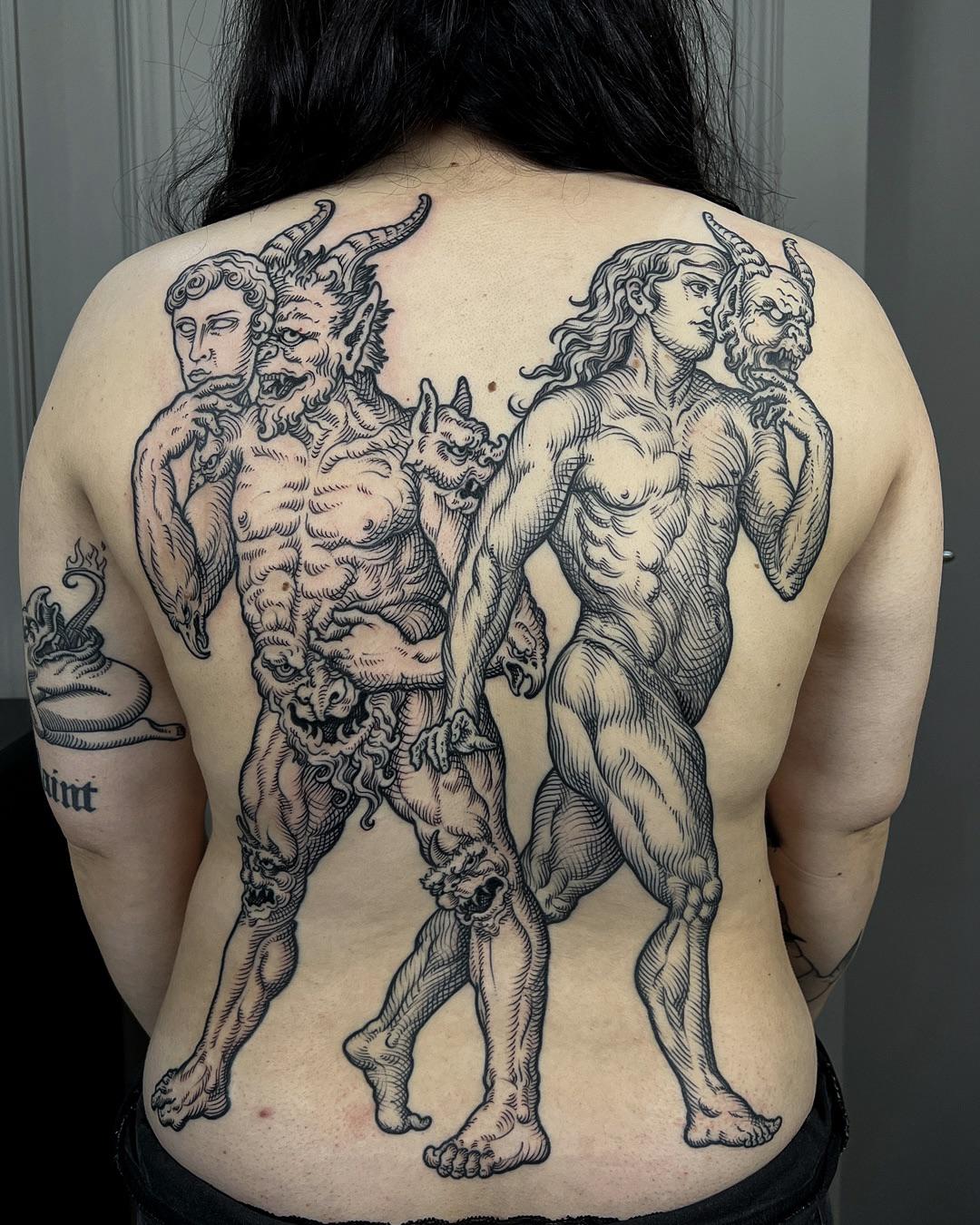 Engraving-inspired back piece featuring horned demon and nude figures