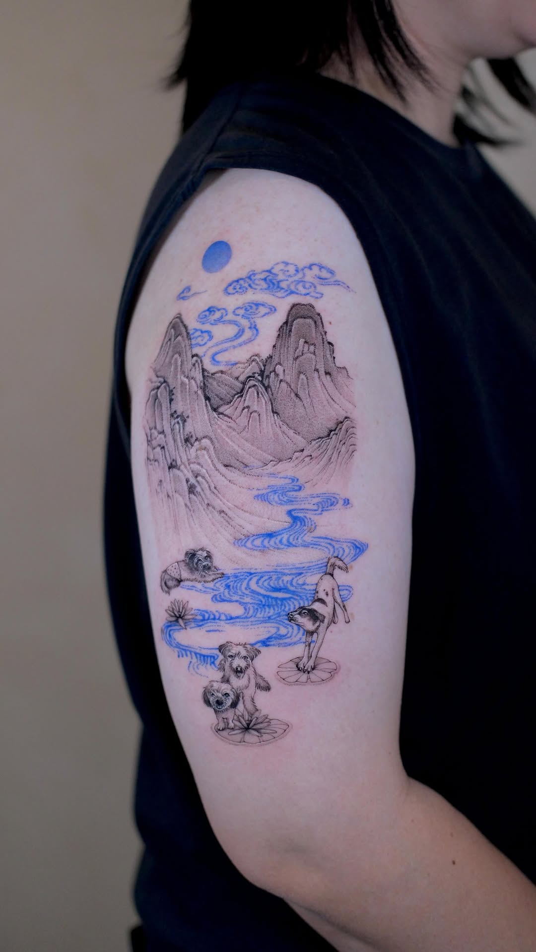 Mountain landscape with winding blue river and playful dogs.