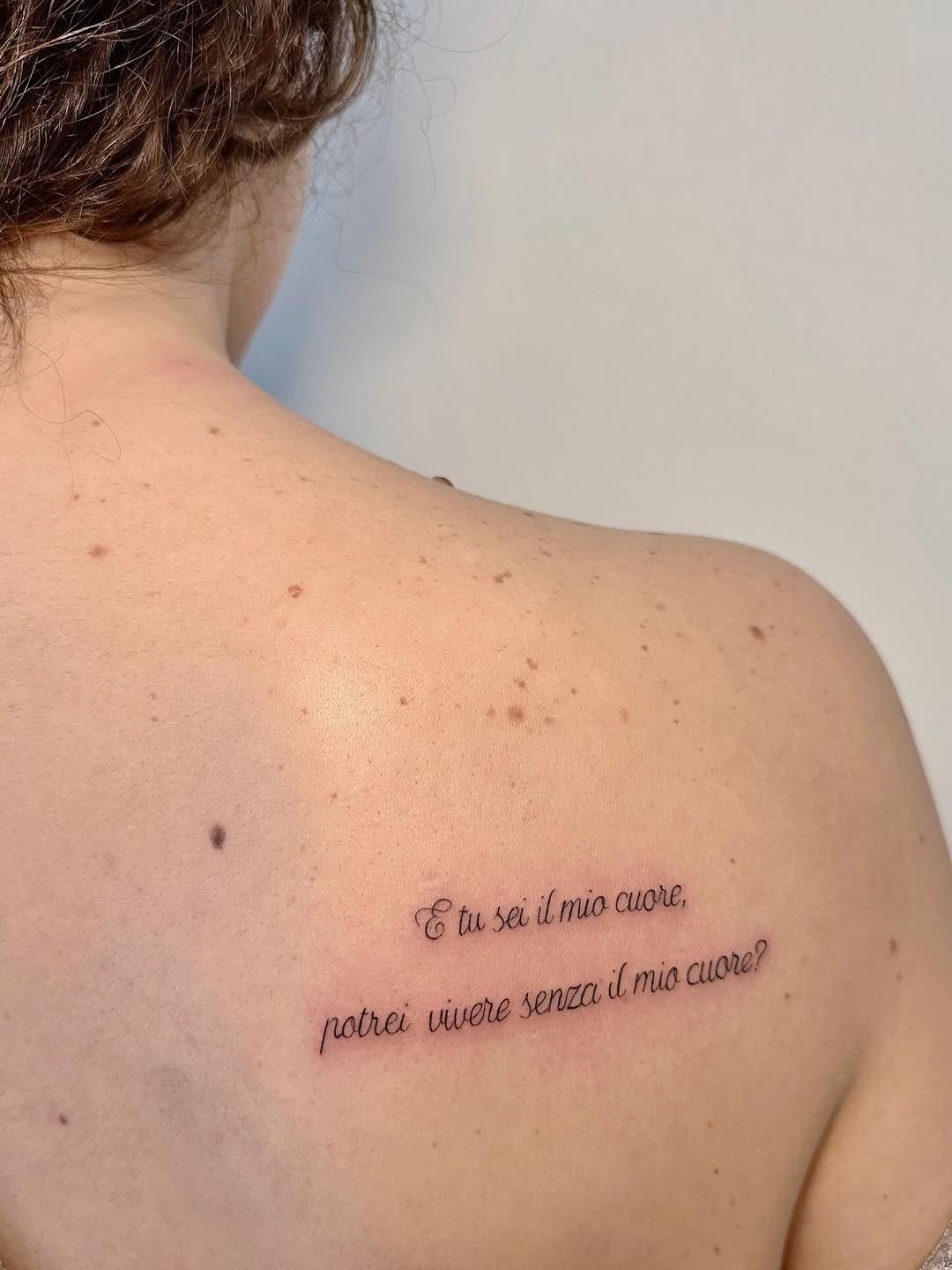 Elegant Italian script along the shoulder blade.