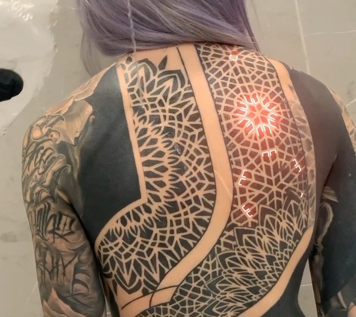Intricate blackwork geometric lattice backpiece with mandala-like motifs