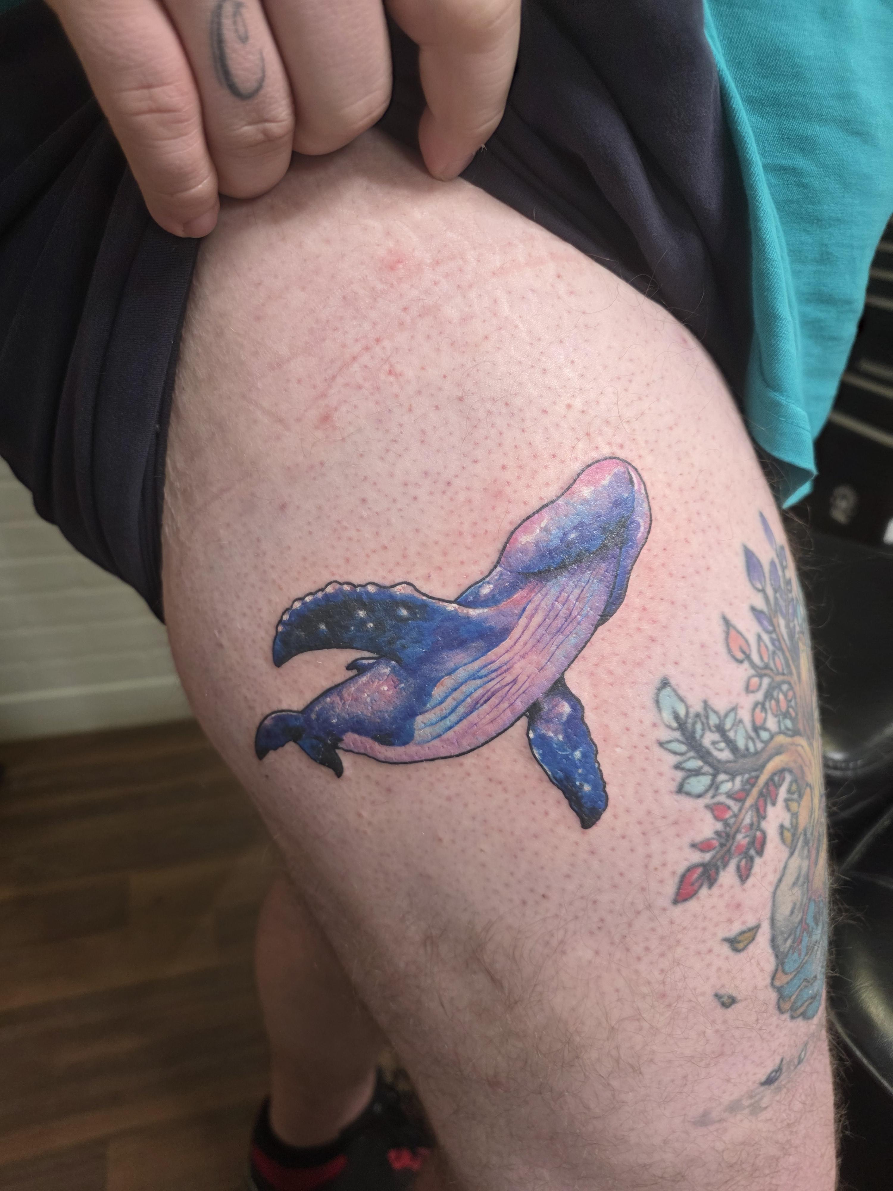 Vibrant blue-purple whale with watercolor shading.